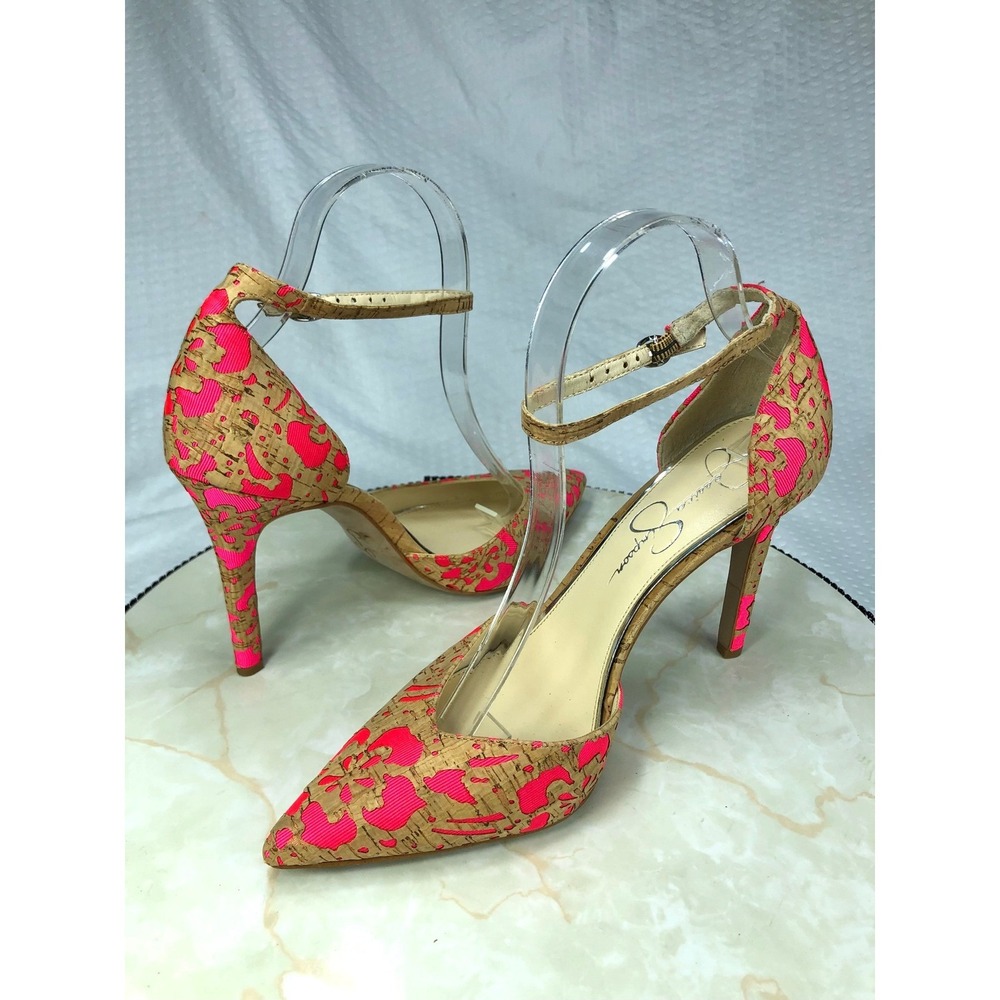Jessica Simpson Floral Cork Ankle Strap Stilettos Heel Women 8 Pink Pointed Toe - Picture 8 of 12